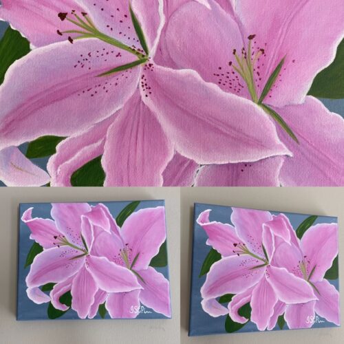 Painting of large pink lilies with 3 angles shown