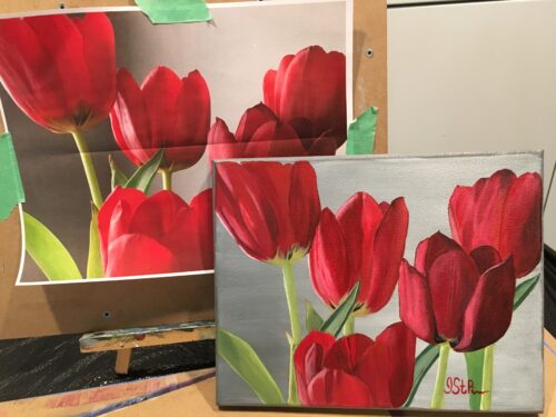 Close up painting of 5 red tulips beside a photograph of the same tulips