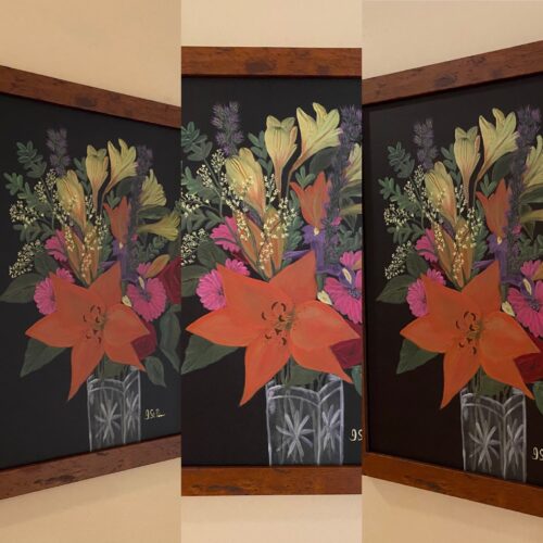 Painting of a mixed flower arrangement on a black background