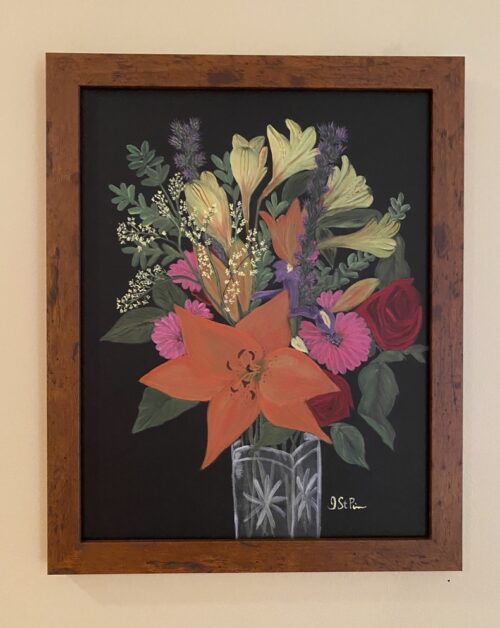 Painting of a mixed flower arrangement on a black background