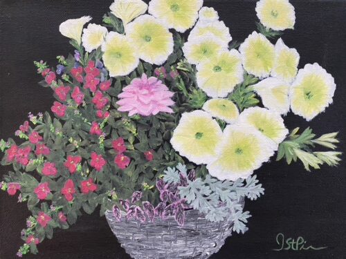 Painting of an outdoor planter with mixed flowers in it