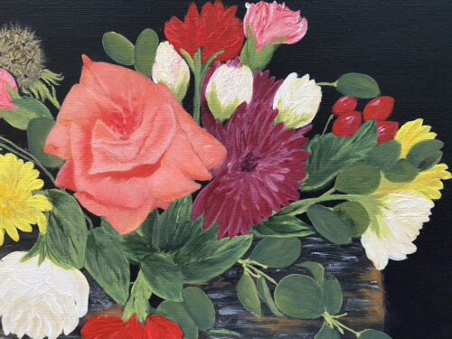 Painting of colorful flower arrangement with a small log base