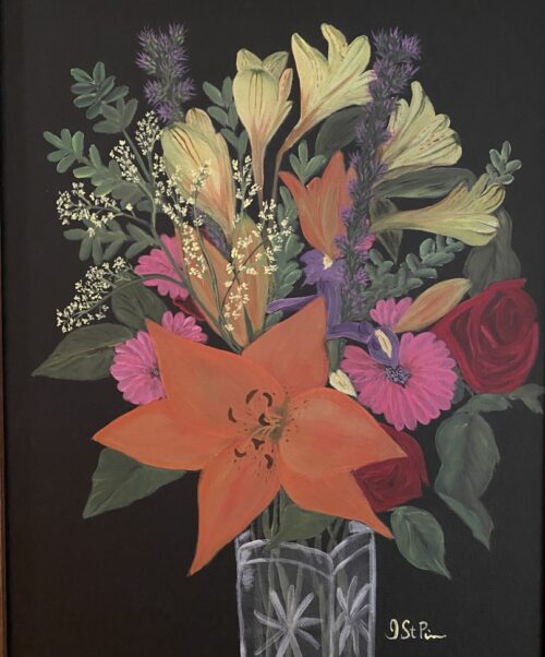 Painting of a mixed flower arrangement on a black background