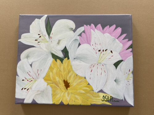 Close up painting of white and yellow flowers