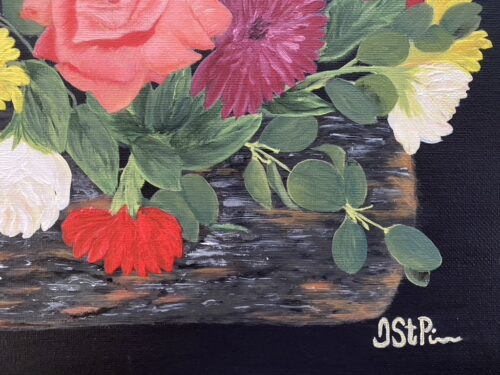 Painting of colorful flower arrangement with a small log base