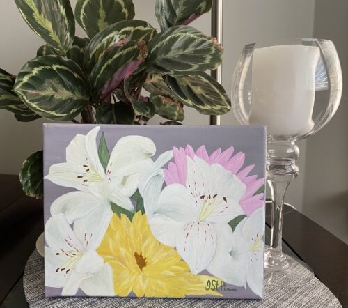 Close up painting of white and yellow flowers