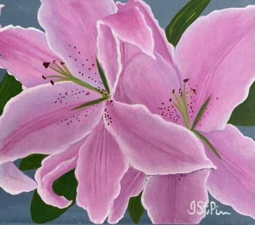 Painting of large pink lilies