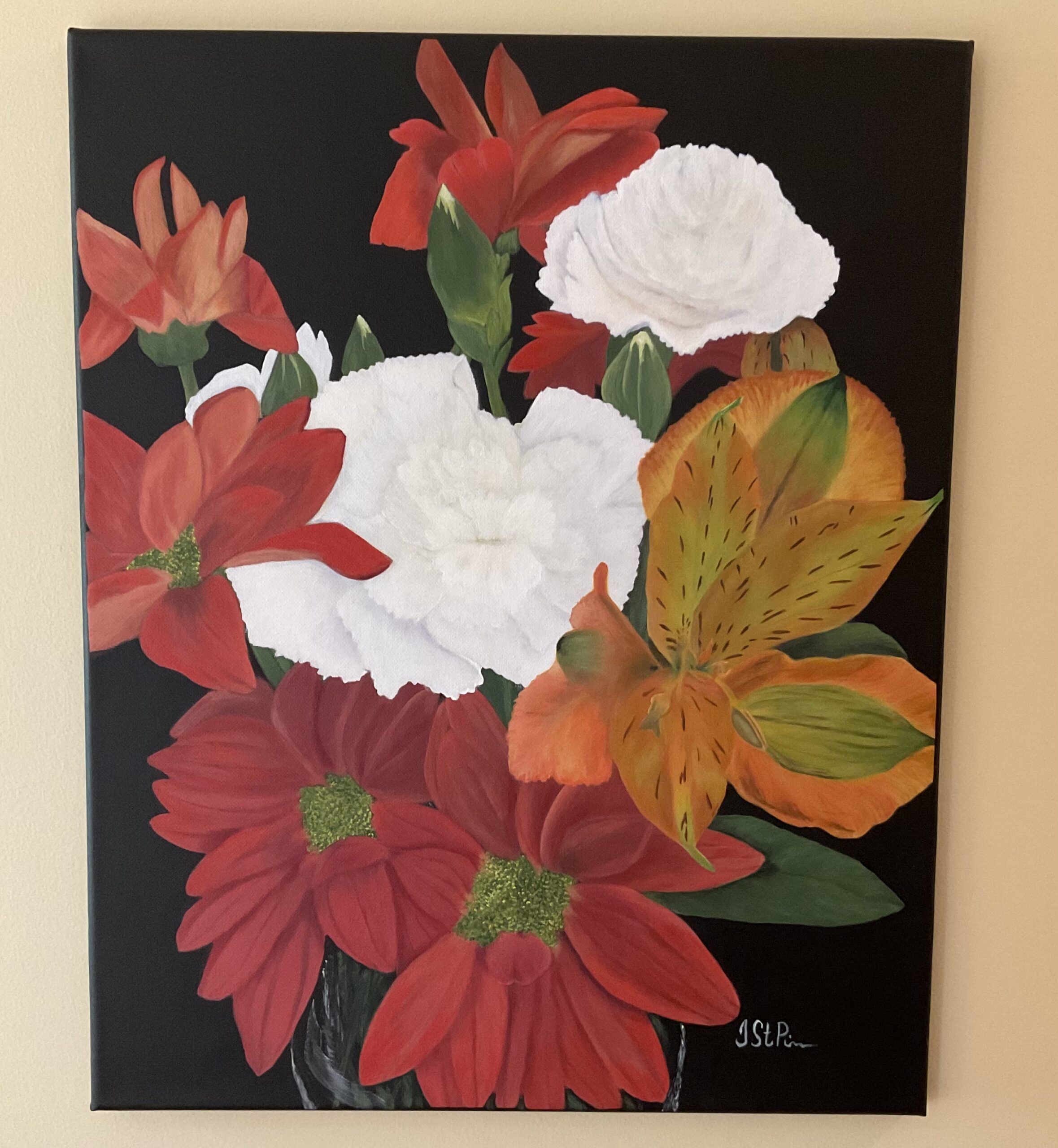 Painting of a red, orange and white flower arrangement