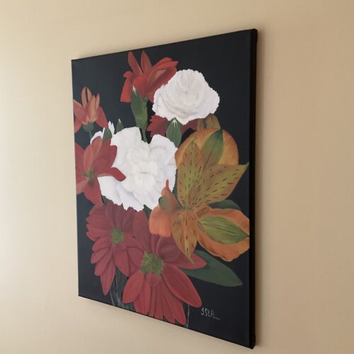 Painting of a red, orange and white flower arrangement