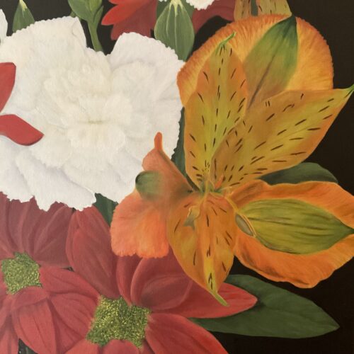 Painting of a red, orange and white flower arrangement