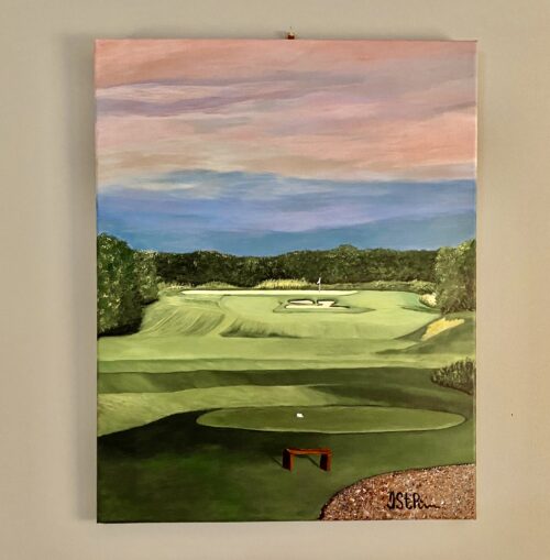 Painting of a golf course green with a pink clouds overhead