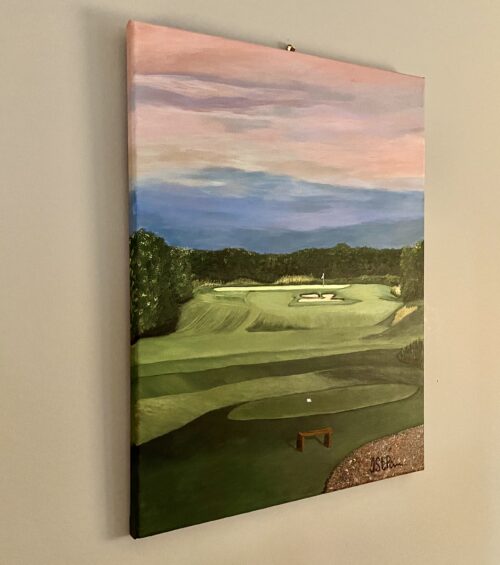 Painting of a golf course green with a pink clouds overhead