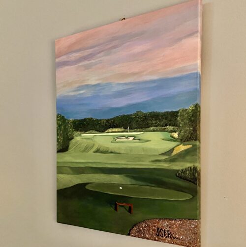 Painting of a golf course green with a pink clouds overhead