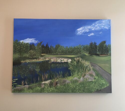 Painting of a golf course water feature surrounded by trees