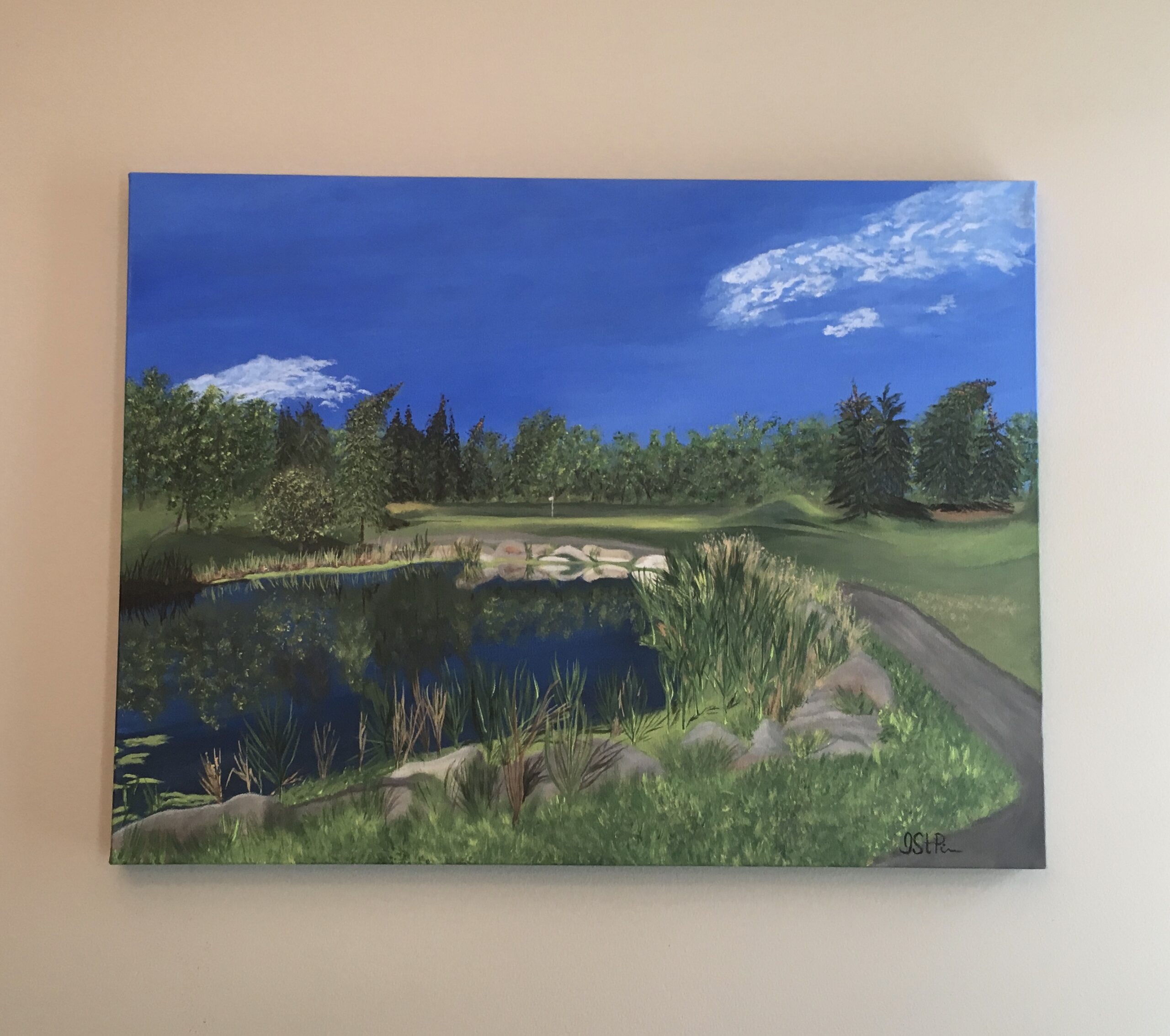 Painting of a golf course water feature surrounded by trees