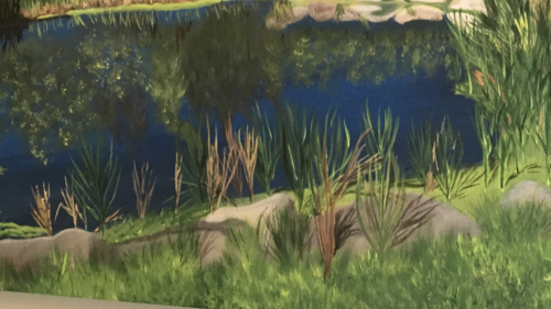 Painting of a golf course water feature surrounded by trees