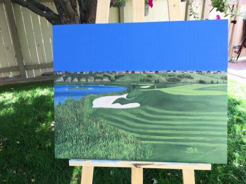 Painting of a golf course green and sand trap with pond in the background