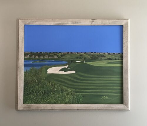 Painting of a golf course green and sand trap with pond in the background