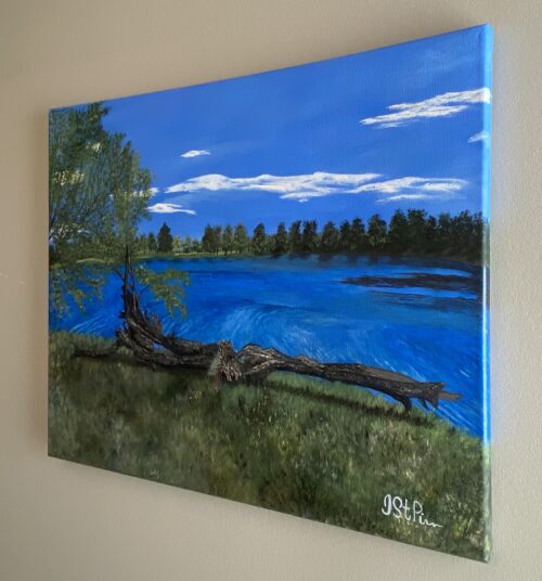 Painting of a large pond with trees in the background and a log in the foreground