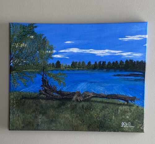 Painting of a large pond with trees in the background and a log in the foreground