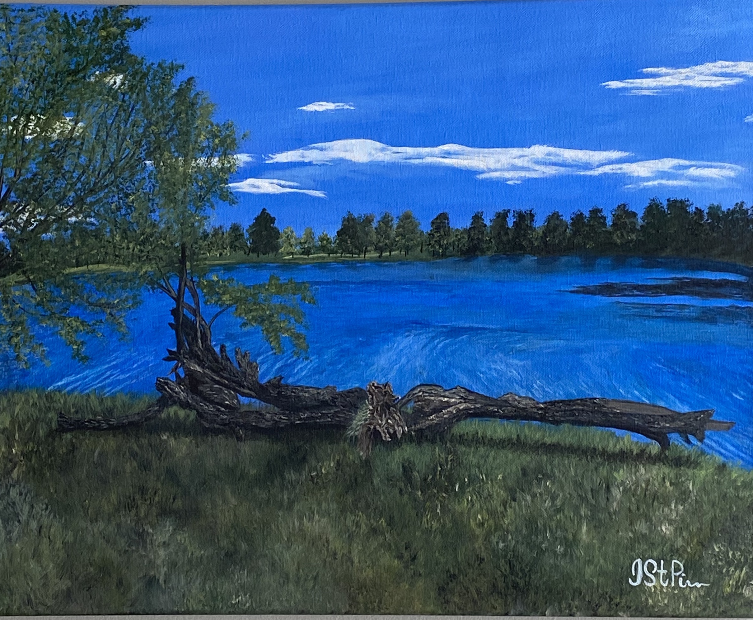 Painting of a large pond with trees in the background and a log in the foreground