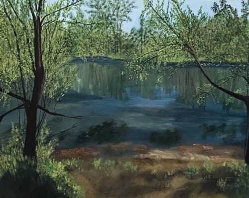 Painting of a secluded pond surrounded by trees