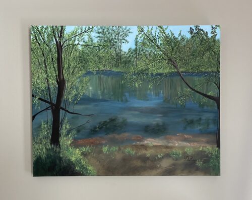 Painting of a secluded pond surrounded by trees