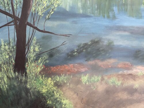 Painting of a secluded pond surrounded by trees