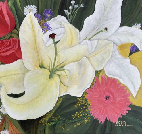 Close up painting of mixed flower bouquet