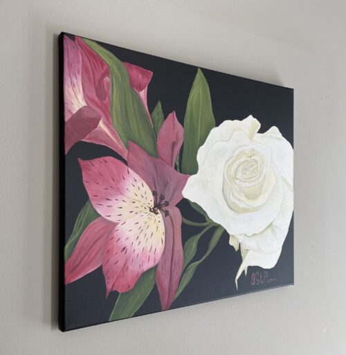 Close up painting of a white rose and pink alstroemeria flower
