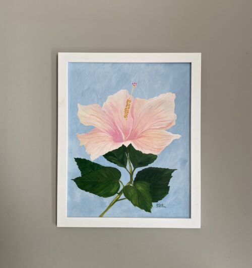 Painting of large light pink hibiscus flower