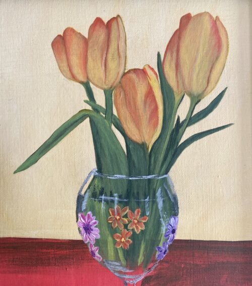 Close up painting of peach tulips in a wine glass