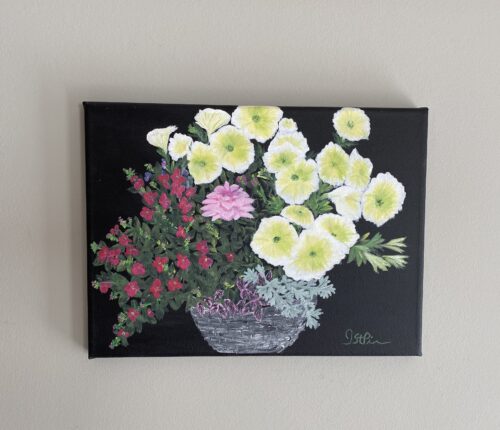 Painting of an outdoor planter with mixed flowers in it