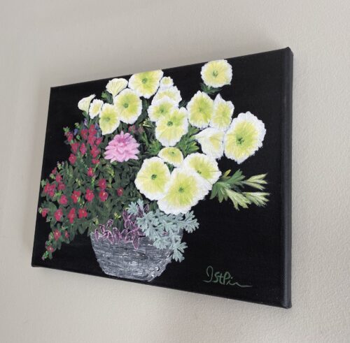 Painting of an outdoor planter with mixed flowers in it