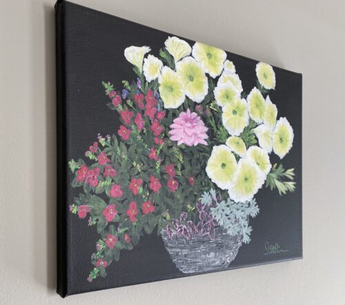 Painting of an outdoor planter with mixed flowers in it