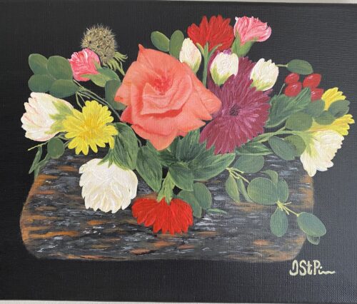 Painting of colorful flower arrangement with a small log base