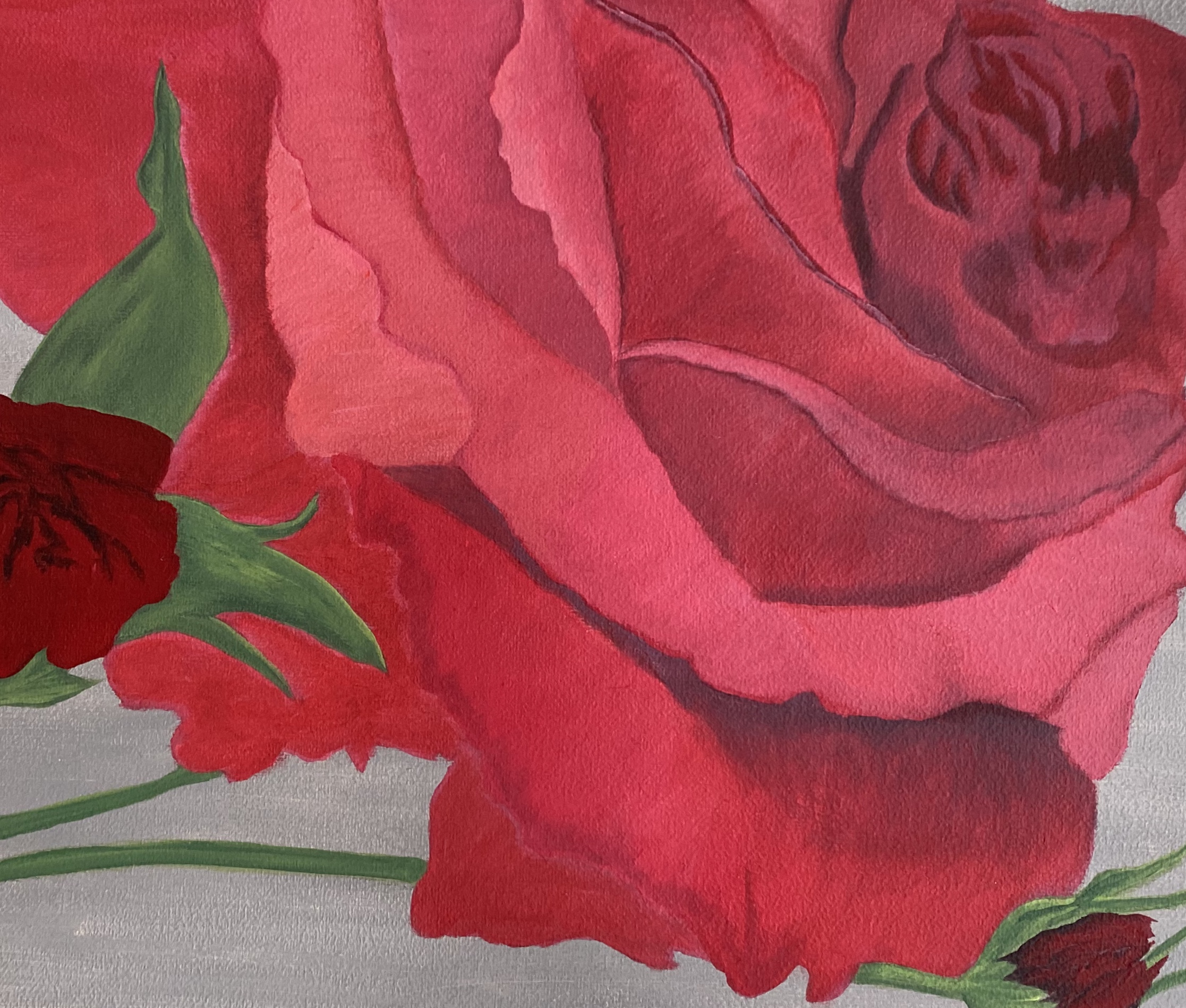 Close up painting of a bright red rose in bloom