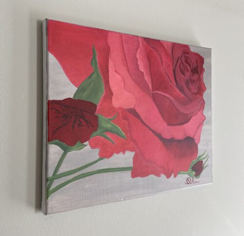 Close up painting of a bright red rose in bloom