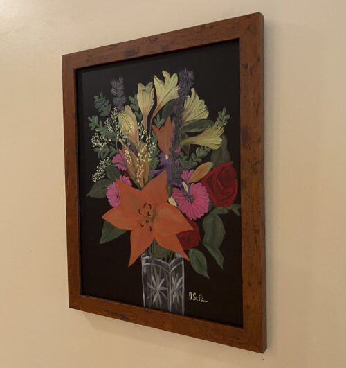 Painting of a mixed flower arrangement on a black background