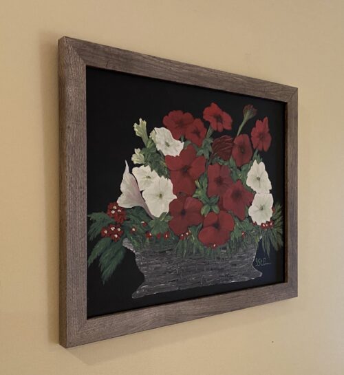 Painting of red and white petunia flowers in a basket