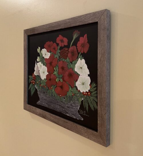 Painting of red and white petunia flowers in a basket