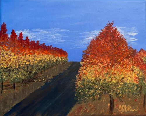 Painting of a road lined with colorful autumn trees on both sides