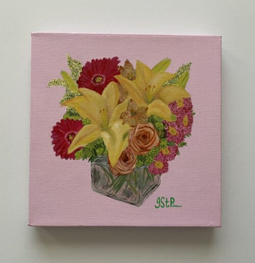 Painting of a mixed flower arrangement on a pink background