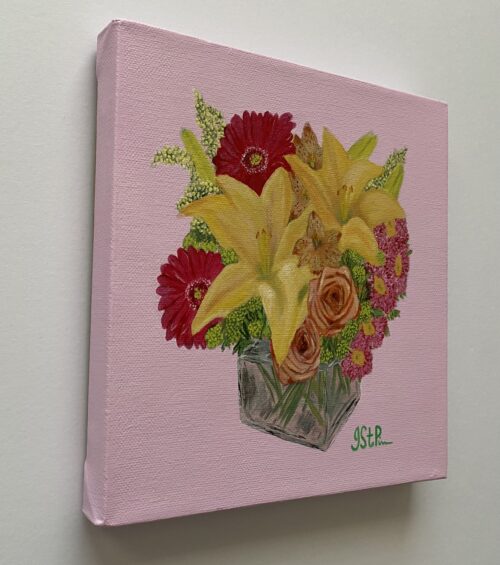 Painting of a mixed flower arrangement on a pink background