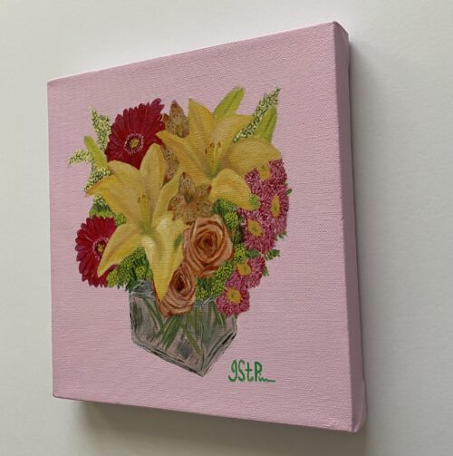 Painting of a mixed flower arrangement on a pink background