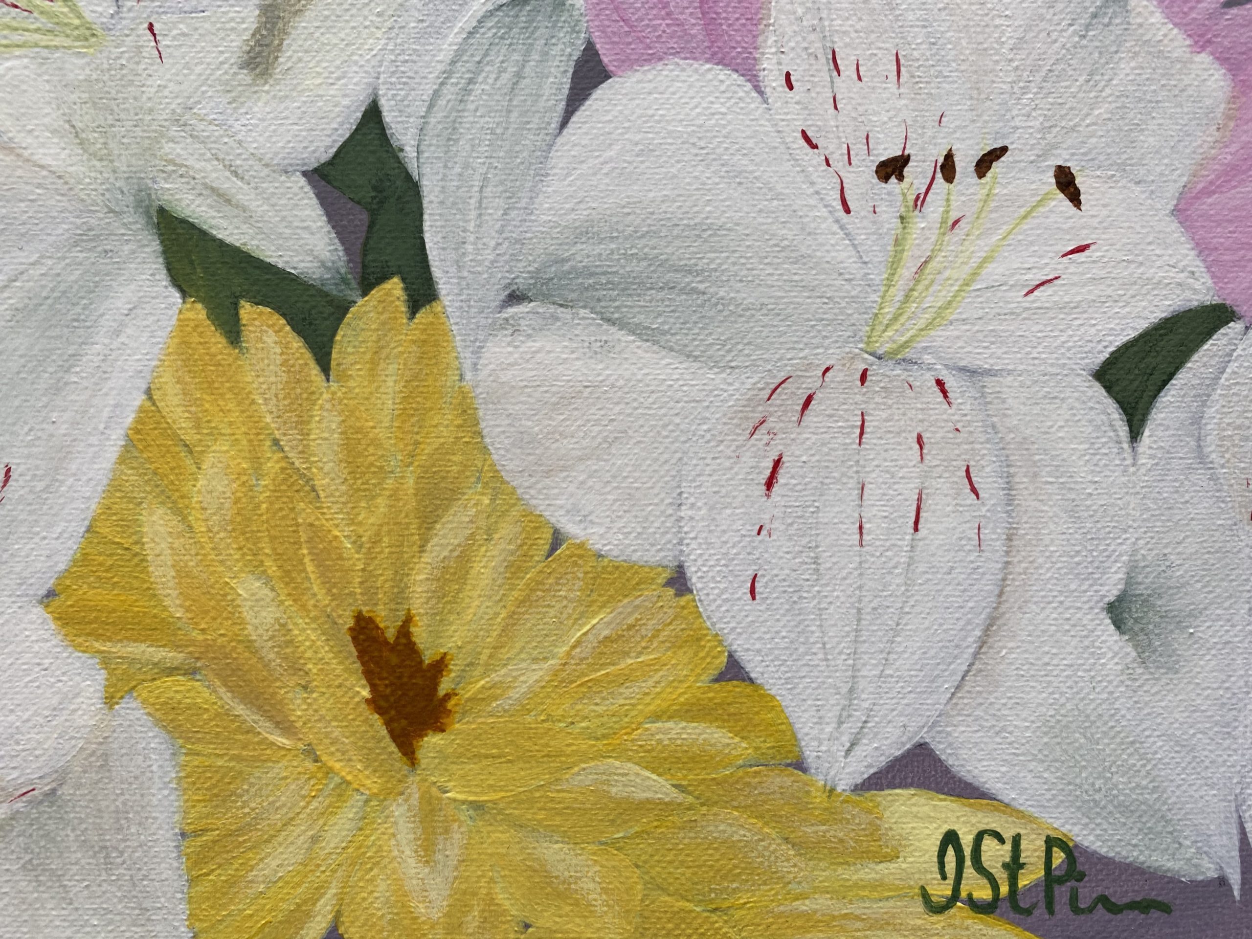 Close up painting of white and yellow flowers