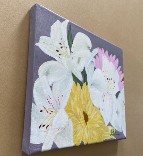 Close up painting of white and yellow flowers