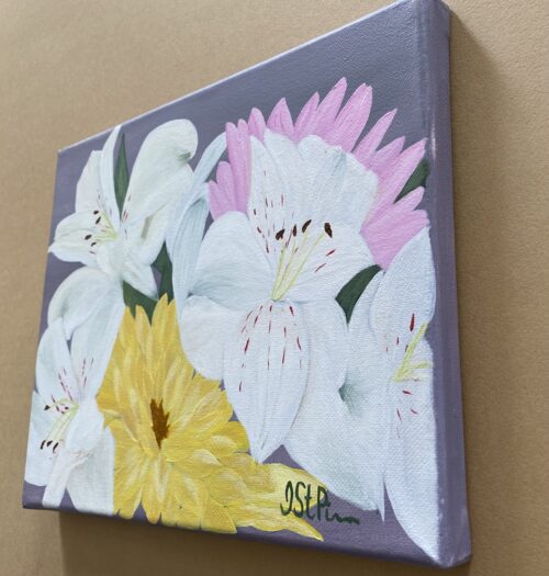 Close up painting of white and yellow flowers