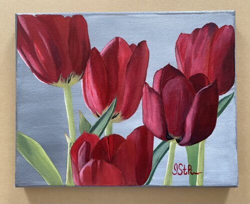 Close up painting of 5 red tulips