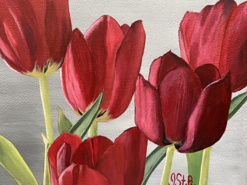 Close up painting of 5 red tulips